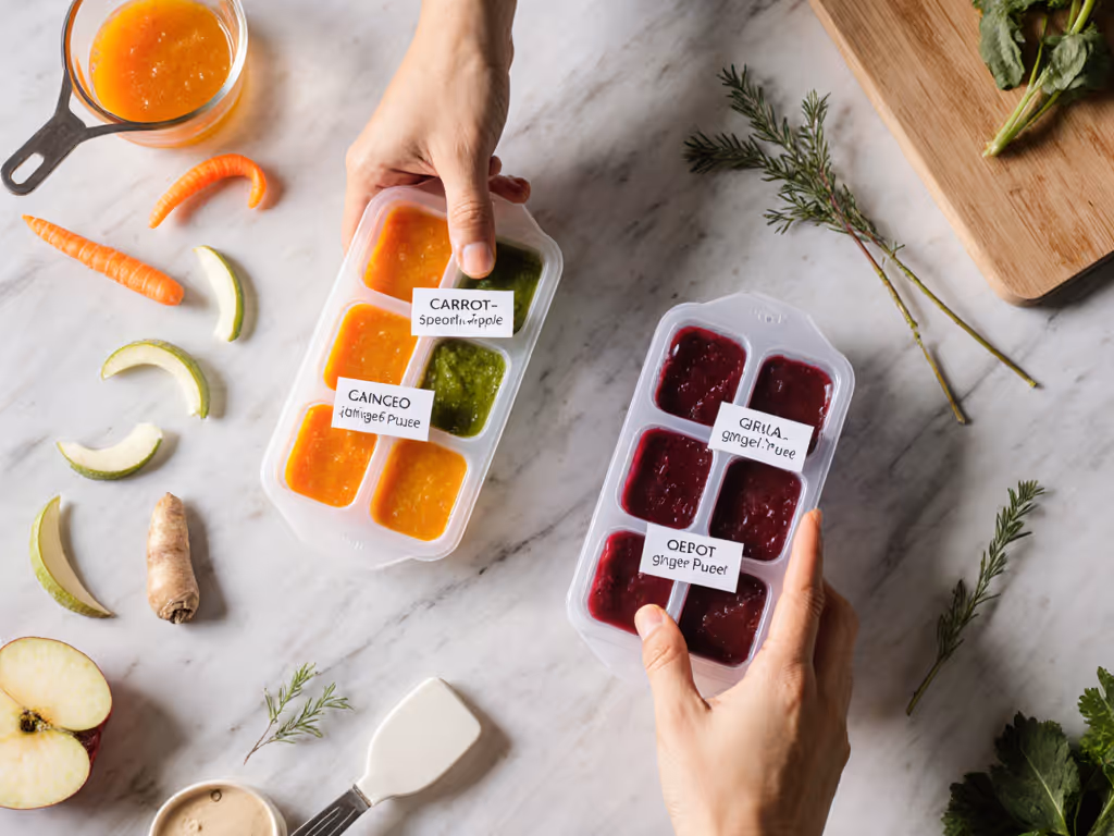 parent_freezing_vegetable_scrap_puree_cubes_in_labeled_trays